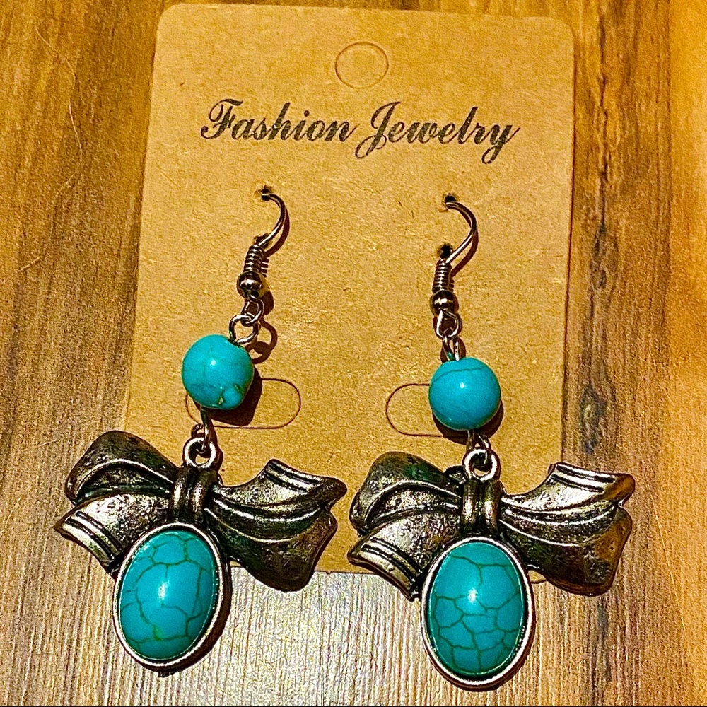 Turquoise Sterling Silver Drop Bow Earring Tibetan